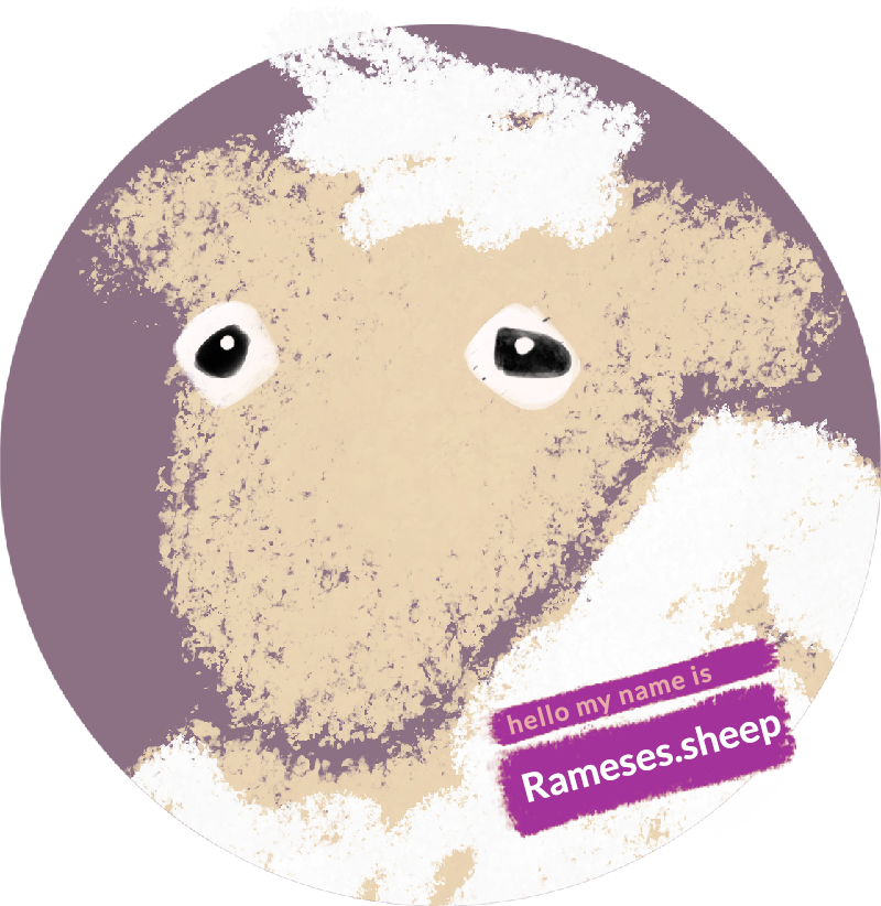Circular illustration of a cream-coloured sheep's face with white woolly fur against a muted purple background, wearing a purple name tag reading "hello my name is Rameses.sheep". Artwork by Jack Ryan-Phillips.